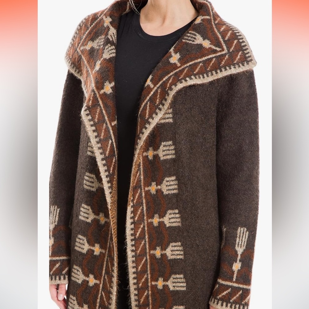 LONG SOFT BROWN SOUTHWESTERN OPEN CARDIGAN FUZZY SWEATER POCKETS SIZE LARGE - Picture 3 of 10